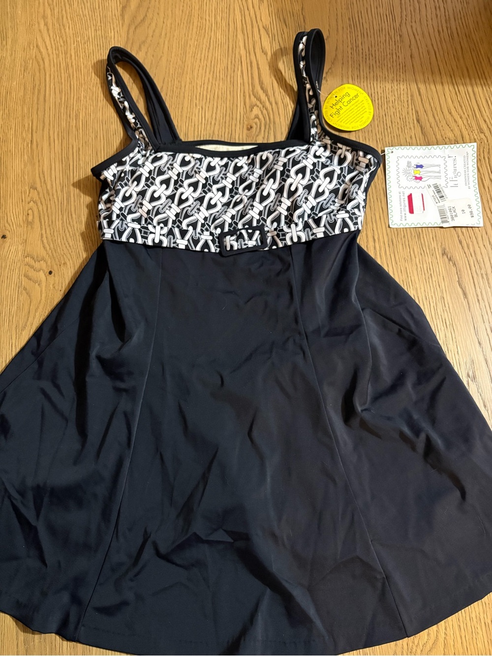 Supportive Black Swimdress with Monochrome Patterned Bust